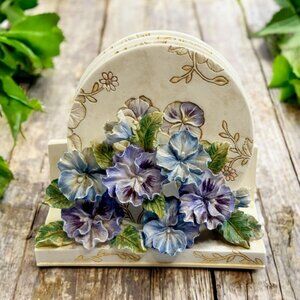 Vintage Ceramic Pansy Flower 3D Sculpture Coaster Holder with Coasters